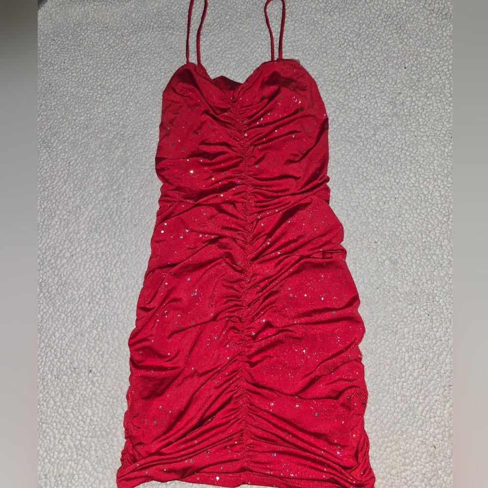 Sabora Red Sparkle Ruched Mini Dress